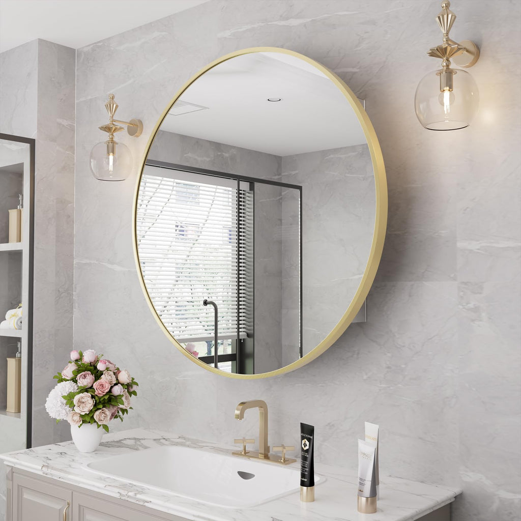 Bathroom Medicine Cabinet with Mirror, 28 Inch Gold Round Mirror Medicine Mabinet Wall Mounted with Aluminum Alloy