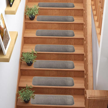 Washable Medium Profile Soft Pile Solid Color Design Stair Treads Set of 13 (Gray, 7" x 24")