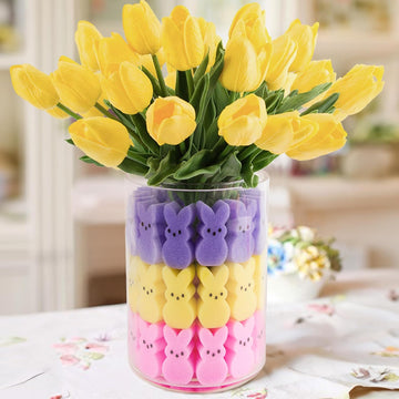 Easter Decor - 15 Artificial Tulips with 45 Bunnies Vase Filler - Set of 60