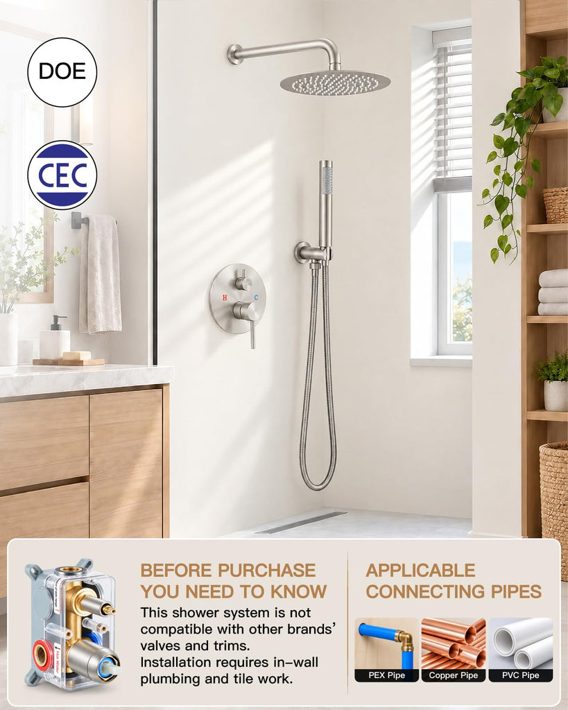 Shower Faucet Set with Rough-in Valve Trim Kit,Brushed Nickel