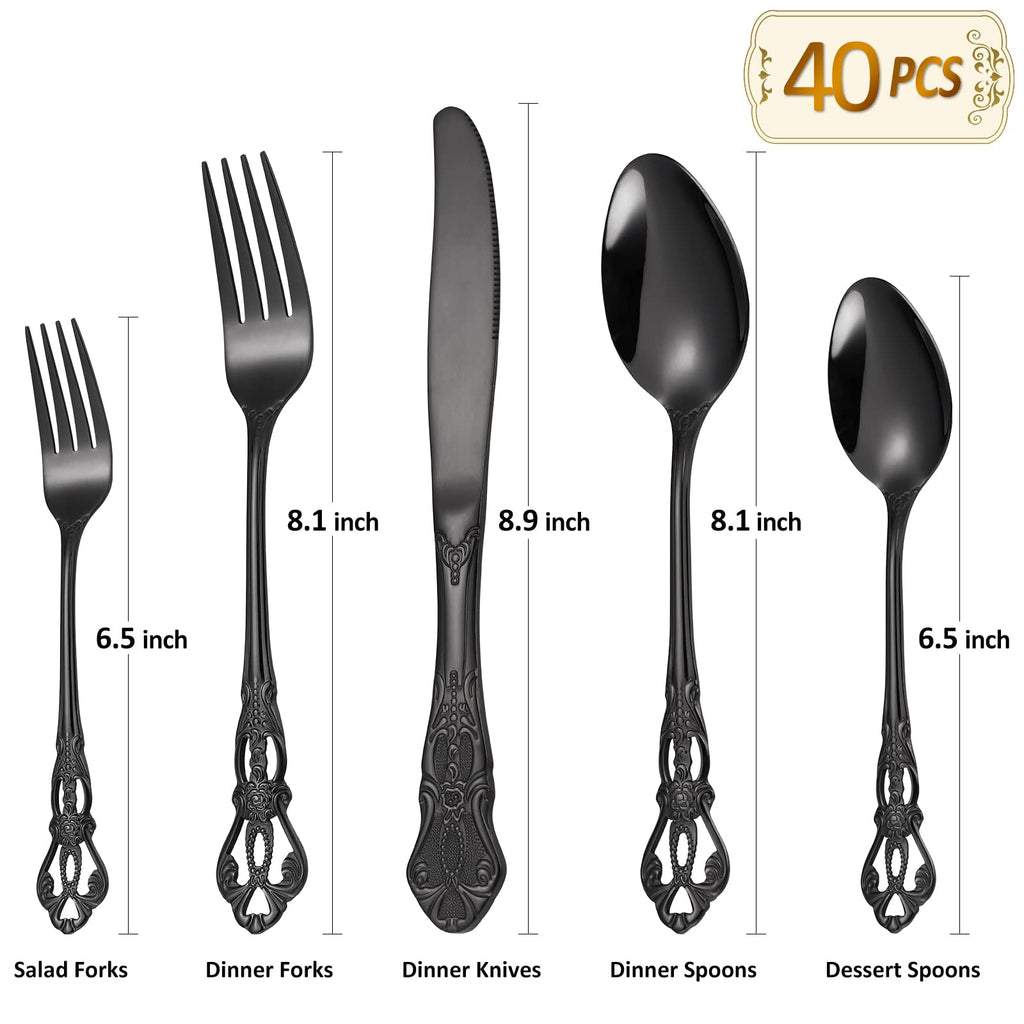 Gorgeous Retro Royal Black Silverware Set For 8, 40 Pieces Flatware Service 8, Stainless Steel Anti-rust Dark Fine