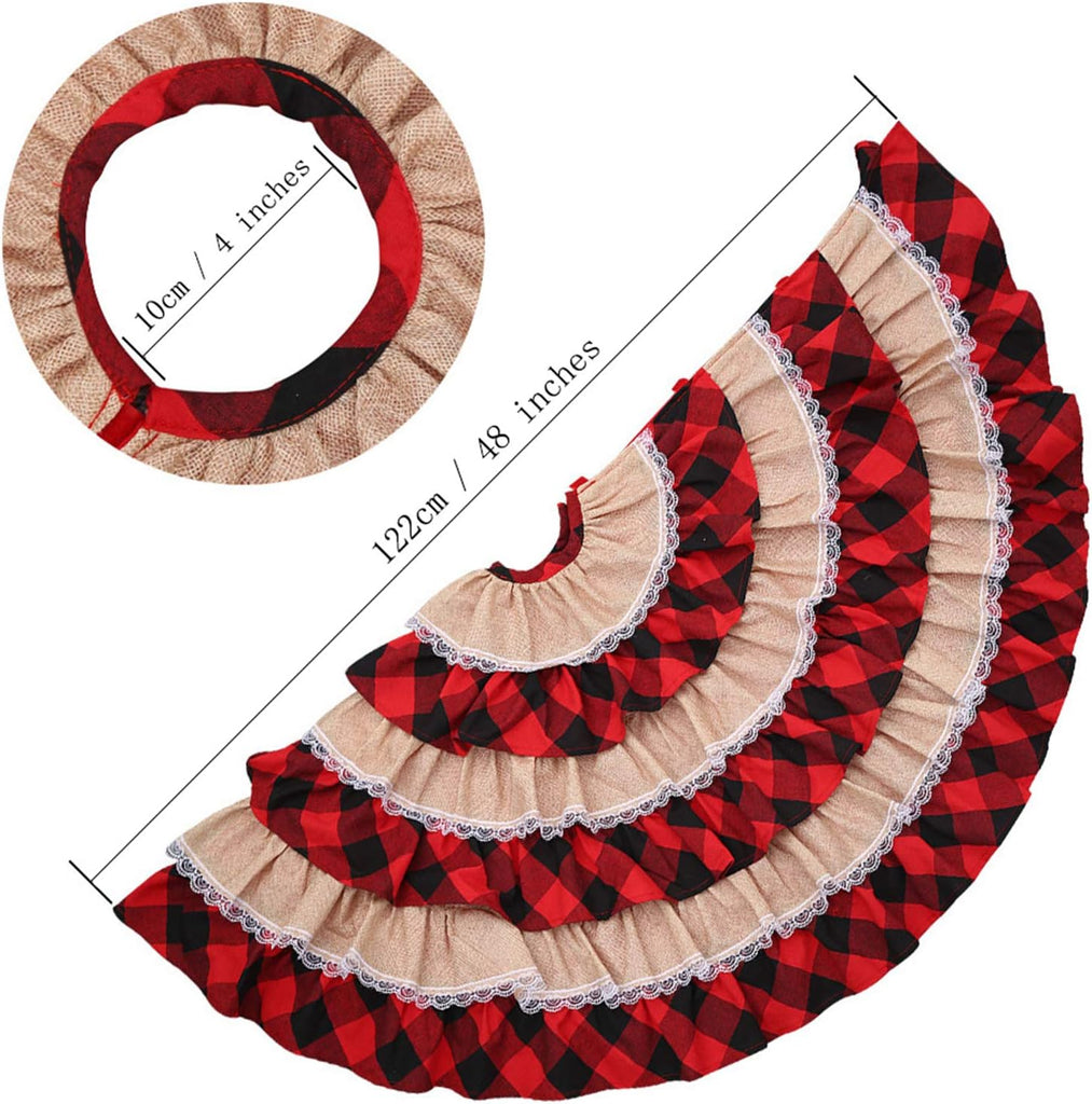 48 Inches Christmas Tree Skirts, Burlap Red and Black Buffalo Check Xmas Tree Base Cover for Xmas New Year Home Party