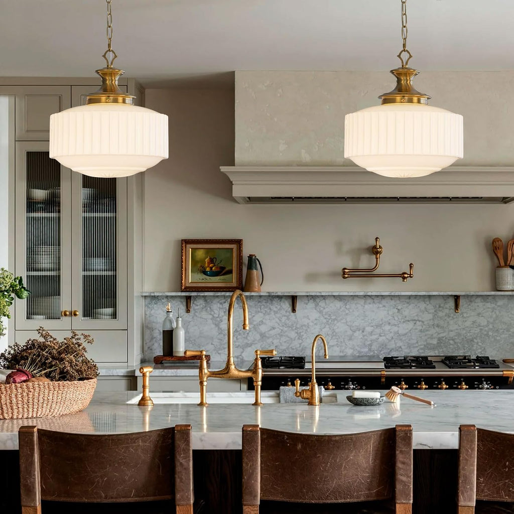 Vintage Brass Milk Glass Pendant Light Fixture, 13.8" White Pleated Glass Chandelier, Antique Pendant Lights, for