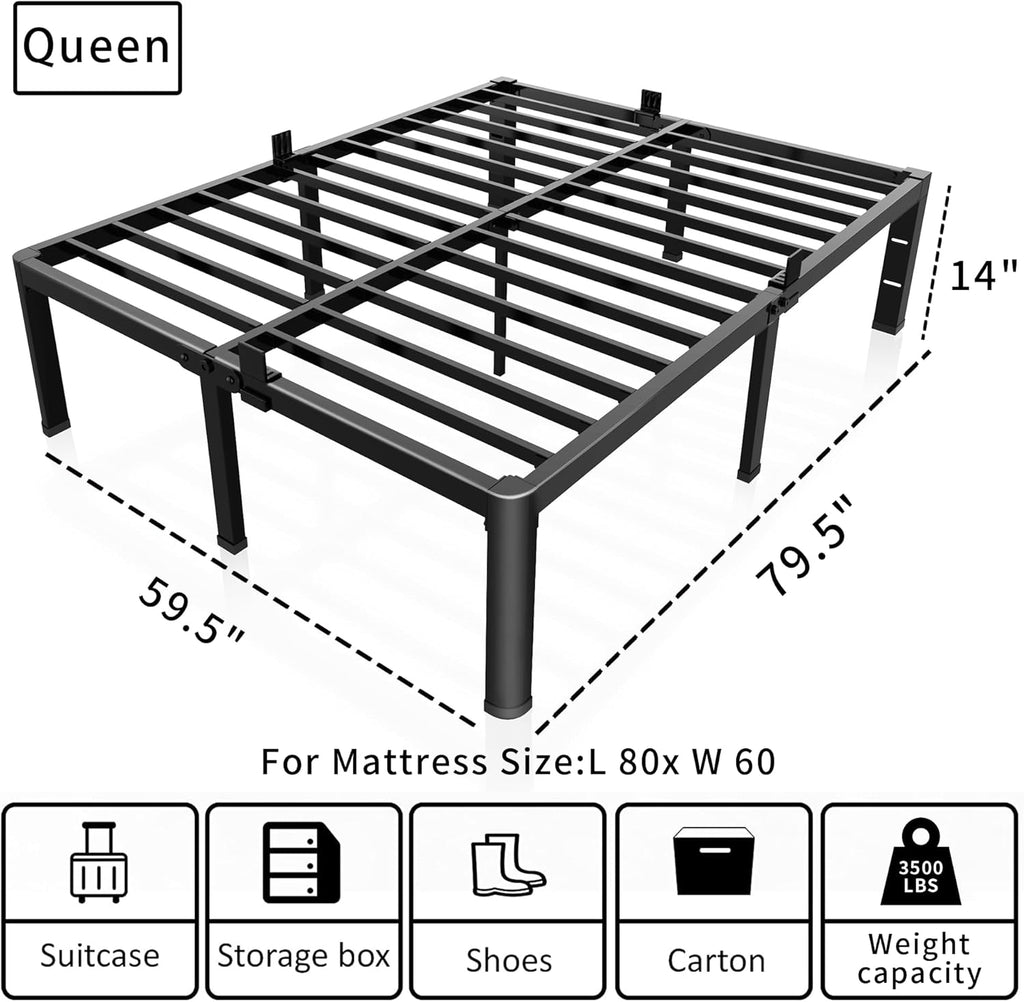 14 inch Metal Queen Bed Frame with Rounded Corner and Headboard Hole Mattress Retainers 3500LBS Heavy Duty Steel Slats