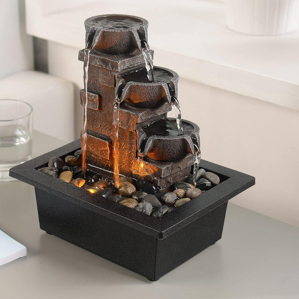 Home Décor Imitation 3-Tier Stone Wall Tabletop Fountain Many Natural River Rock Office Relaxing Desktop Zen