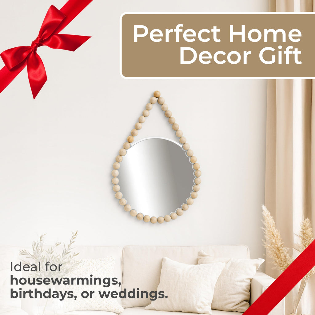 White Decorative Mirror with Beaded Wood Frame - MDF & Glass Home Decor Mirrors for Wall Accent & Styling - Modern