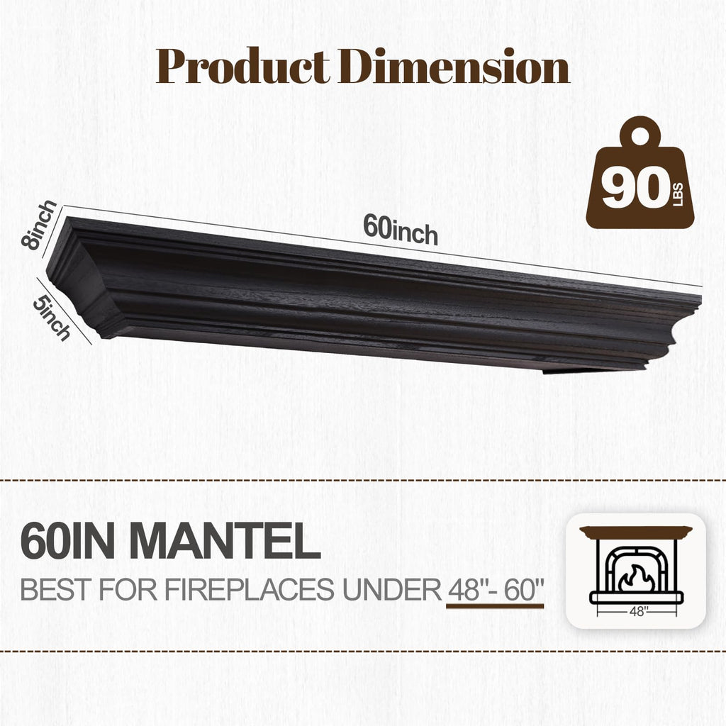 Rustic Fireplace Mantel 60", Solid Wood Floating Shelf, Black