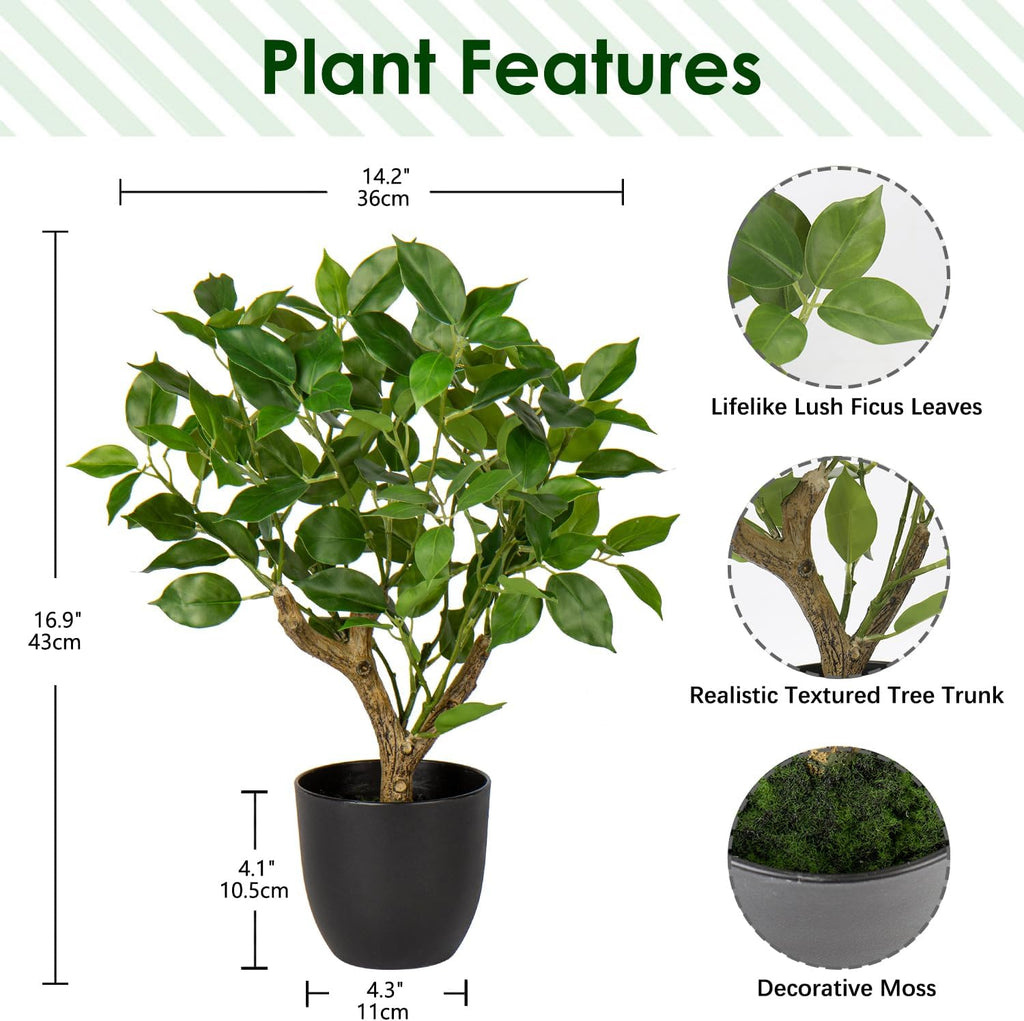 Artificial Tree, 17'' Ficus Bonsai, Premium Faux Planted Potted Decor Table Office Desk Bathroom Bedroom Living Room