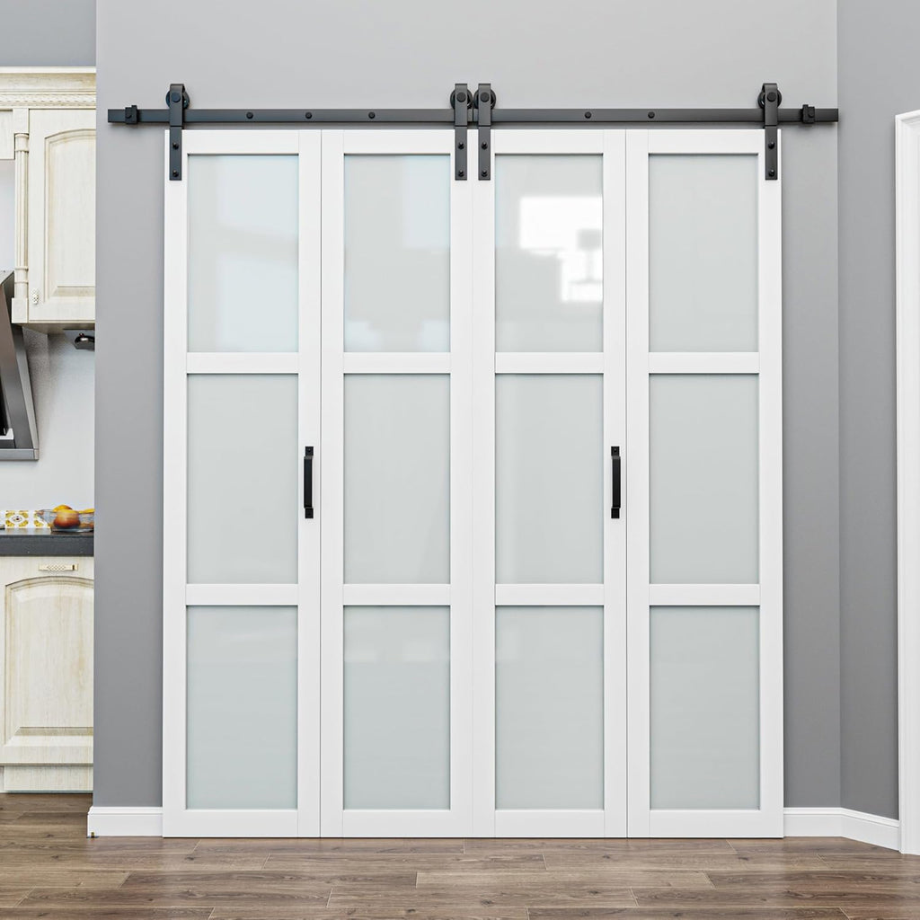 64" x 84" Frosted Glass Bifold Sliding Barn Door with Hardware Kit Included, Pre-Assembled Solid Cor