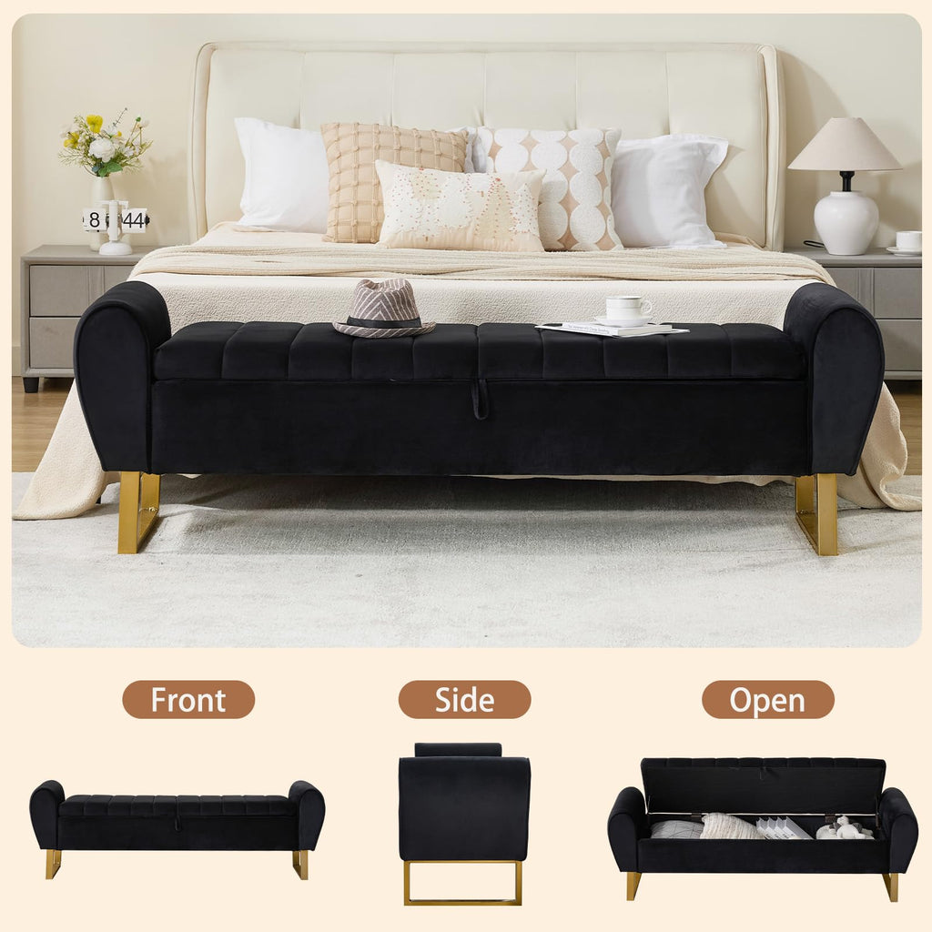 67'' King Size End of Bed Storage Bench, Velvet Bedroom Benches for Foot of Bed King with Gold Legs, Storage Ottoman