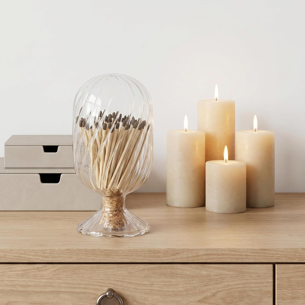 Helix Shaped Glass Matches Cloche Decorative Matches Jar for 4 Inch Candle-Matches Trendy Fireplace Display - Set of 2
