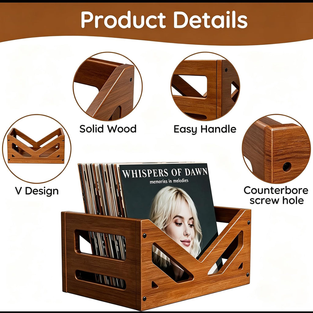 Solid Wood Vinyl Record Storage Crate 45+ V-Shaped Album Holder