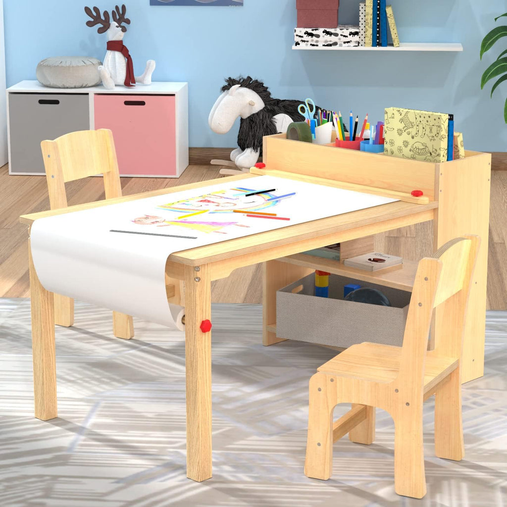 Kids Art Table Set with 2 Chairs, Solid Wood Legs, 150 lb Per Chair