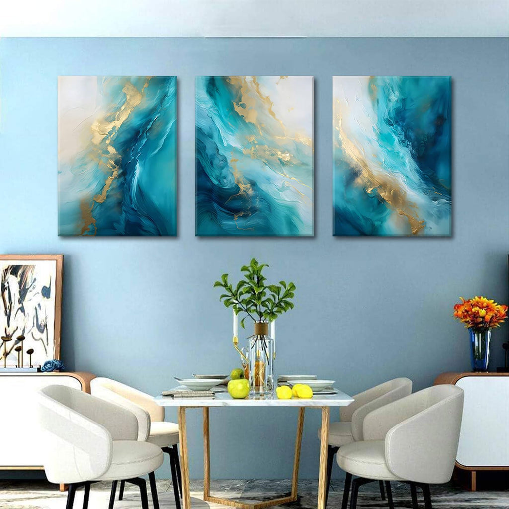 Teal Gold Canvas Wall Art Set of 3 Abstract Aqua Blue Gold Marble Fluid Wall Decor Pictures Neutral Modern Minimalist