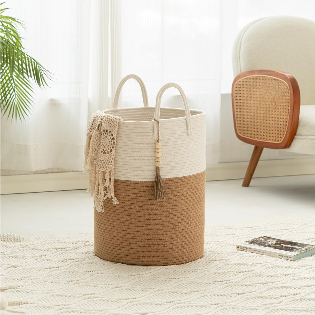 Blanket Basket 58L, Woven Laundry Hamper Tall Laundry Basket with Boho Wooden Tassels, Large Cotton Rope Storage