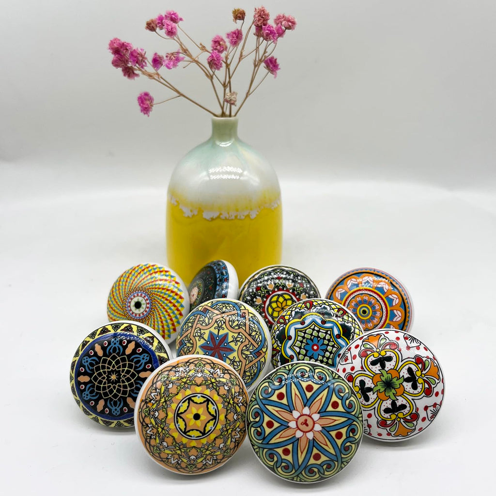 Bohemian Ceramic Knobs - 10Pcs Round Porcelain Knobs - Exquisite Ceramic Bohemian Handles - Bohemian Style Cabinet