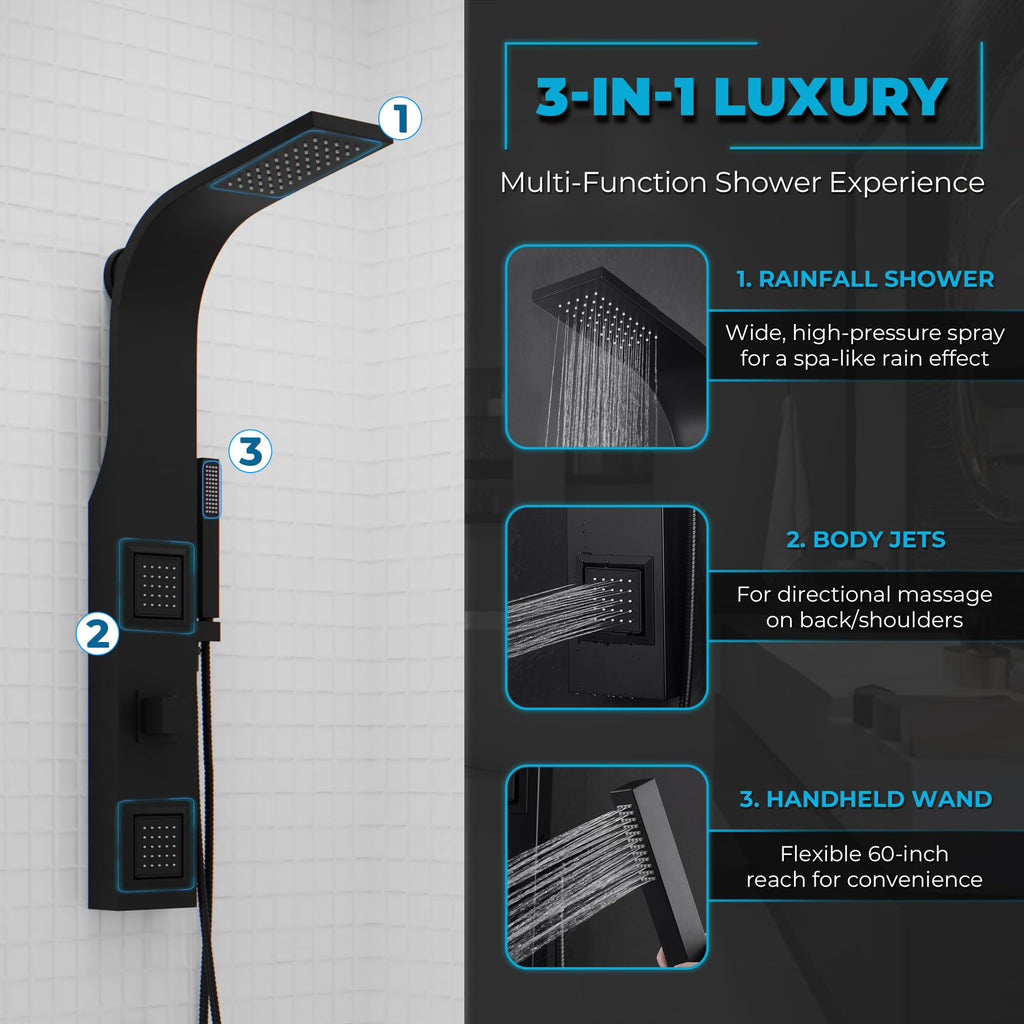 Aura 2 Jetted Shower Panel With Heavy Rain Shower & Spray Wand