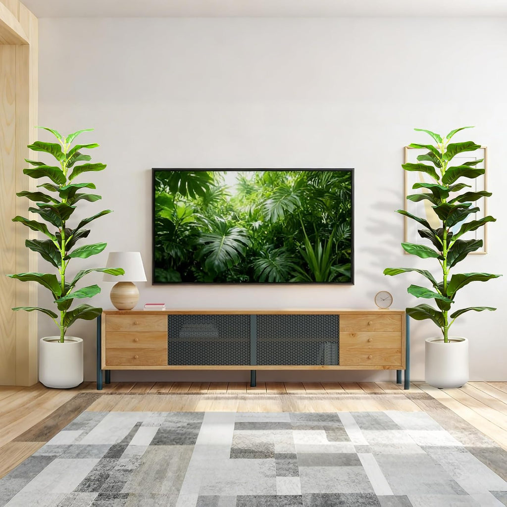 Artificial Fiddle Leaf Fig Tree, 35" Faux Ficus Lyrata Plant with Pot, Floor Plant Outdoor Artificial Plant - Set of 2