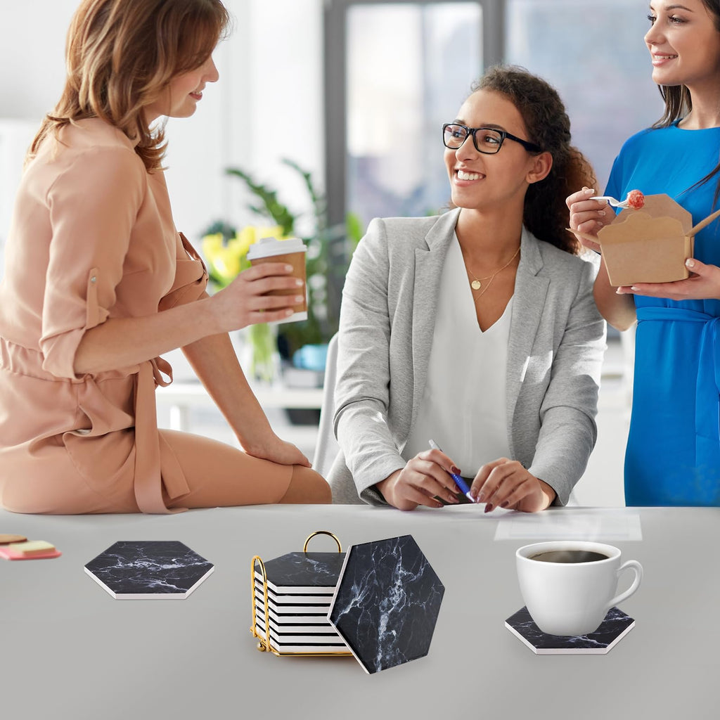 Black Coasters, Absorbent Coaster Set for Drinks Holder Marble Cork Costers