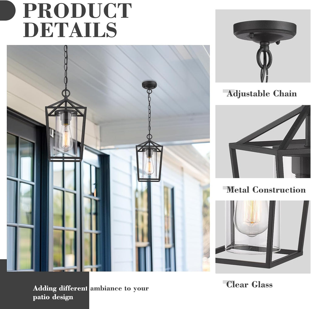 Modern Outdoor Pendant Light, 1-Light Outdoor Hanging Lantern Light in Black Finish with Clear Glass, 20065H BK