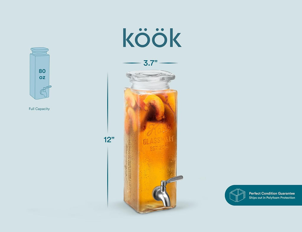 Glass Drink Dispenser, with Leak-Proof Stainless Steel Spigot, Clear Rectangular Mason Jar, Beverage Storage