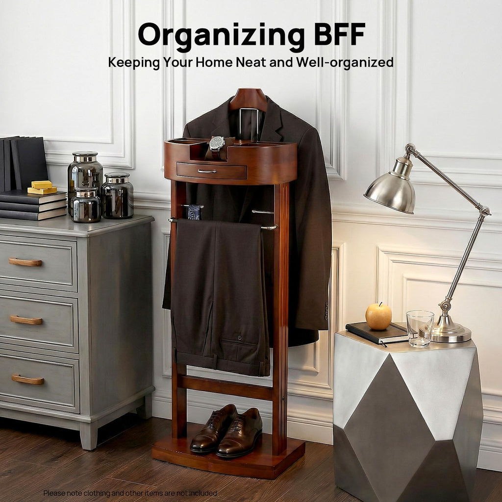 Suit Valet Stand for Men, Wood Suit Rack with Multi-Compartment Tray, Drawer, Wide Base and Two Tie Holders