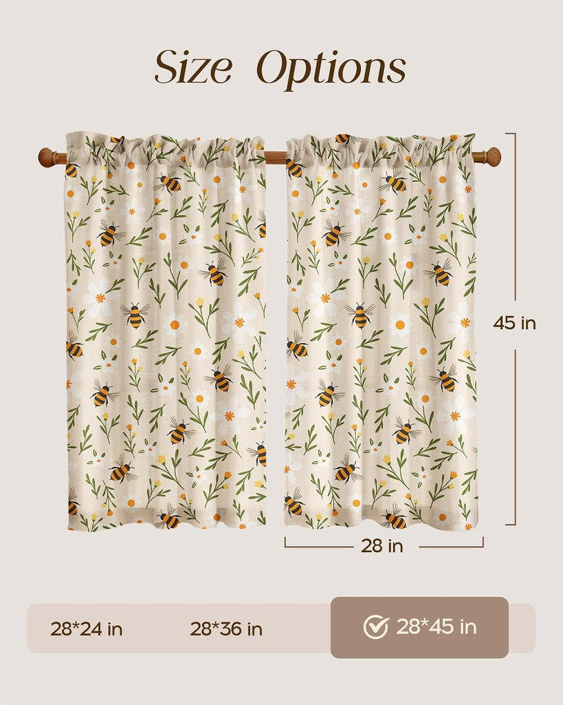 Bee Kitchen Tier Curtains - 45 Inch Length Linen Blend Country Cafe Curtains Farmhouse Small Window Treatments Over