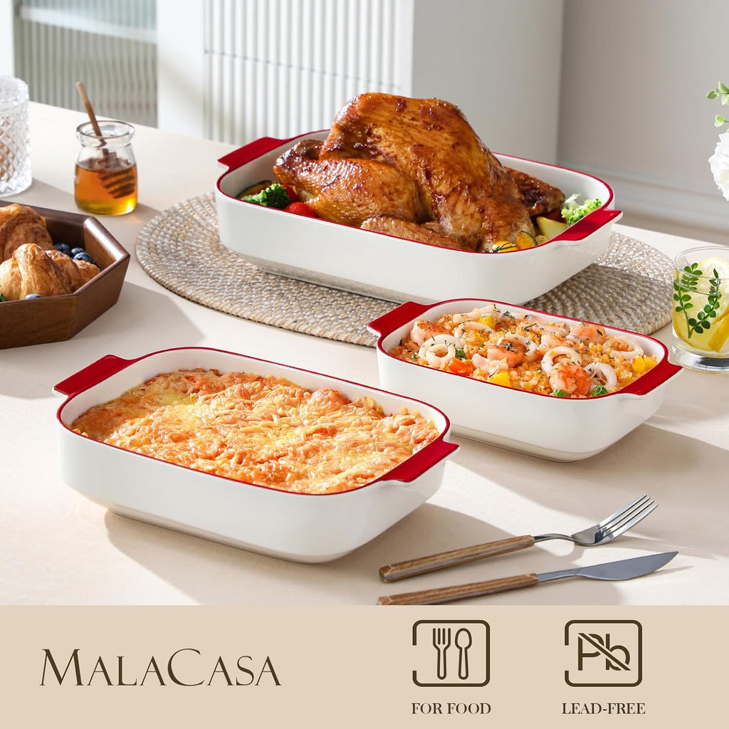 Ceramic Casserole Dishes Set of 3, Red Trim Dish for Oven | 9x13 Rectangular Lasagna Pans with Handles, Microwave