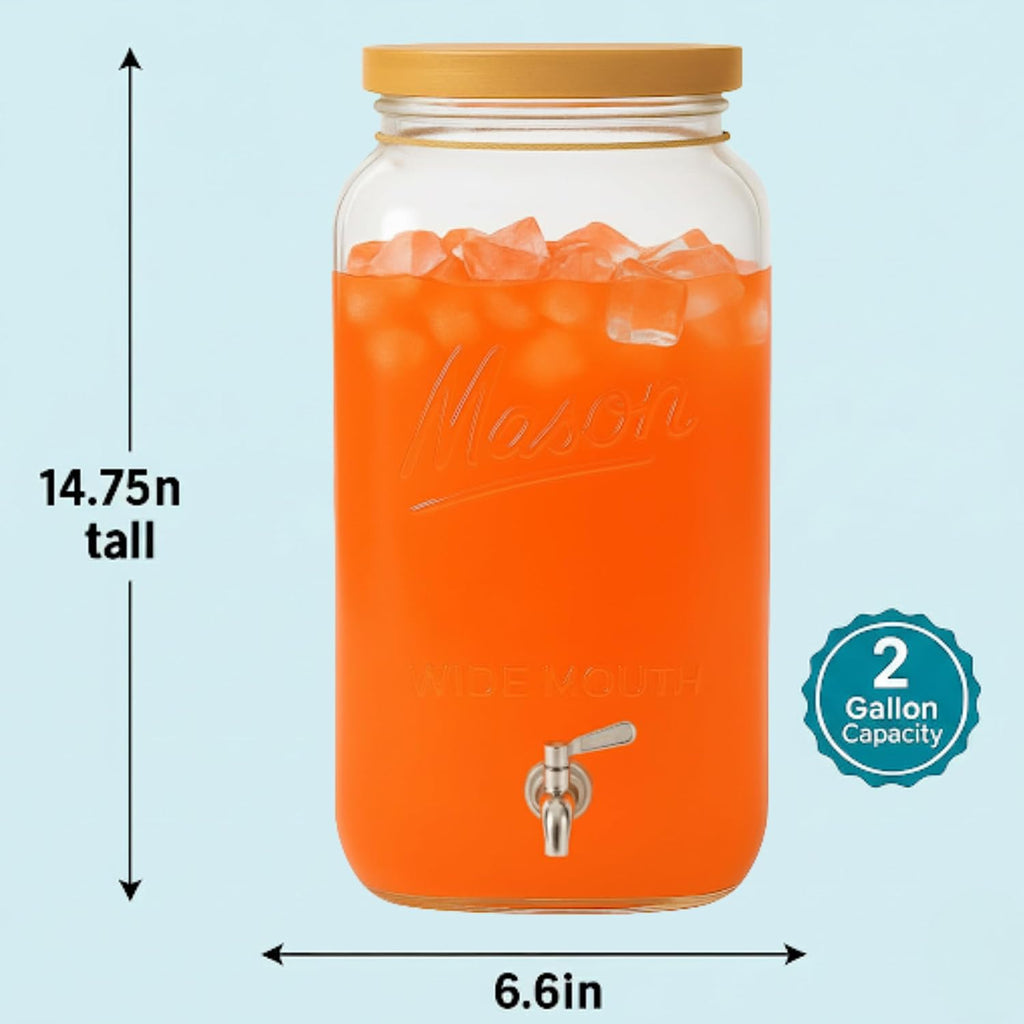 2 Gallon with Wooden Lid - Large Square Mason Jar Drink Container with Stainless Steel Spigot - Big Batch Iced Tea