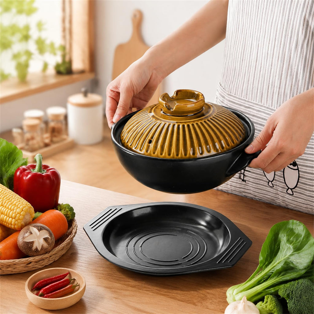 Large Korean Ceramic Bowl with Lid and Platter, 54 oz Clay Pot for Cooking, Sizzling Hot Pot for Dolsot Bibimbap