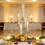 2 Pcs 5-Arm Silver Metal Table Candelabra Centerpiece, 22" Tall Clear Candlesticks Holder with Shade for Valentines