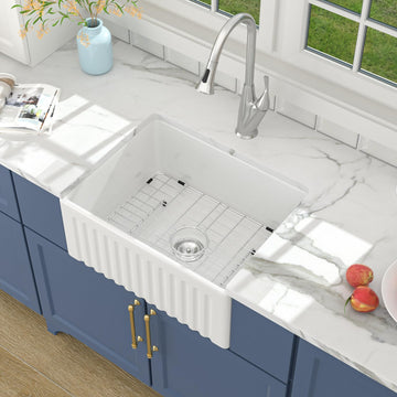 24 Inch Farmhouse Sink White Apron Front Fireclay Porcelain Ceramic Single Bowl Small Reversible Farm Sink 24x18x10