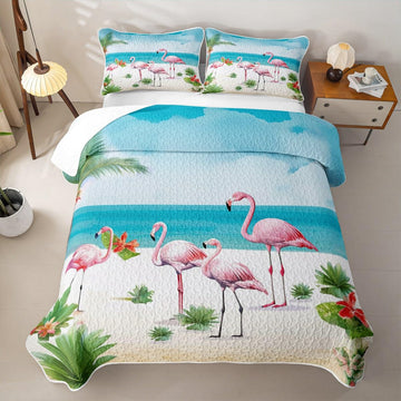 Pink Flamingo Quilt Set Hawaiian Ocean Beach Quilt Cactus