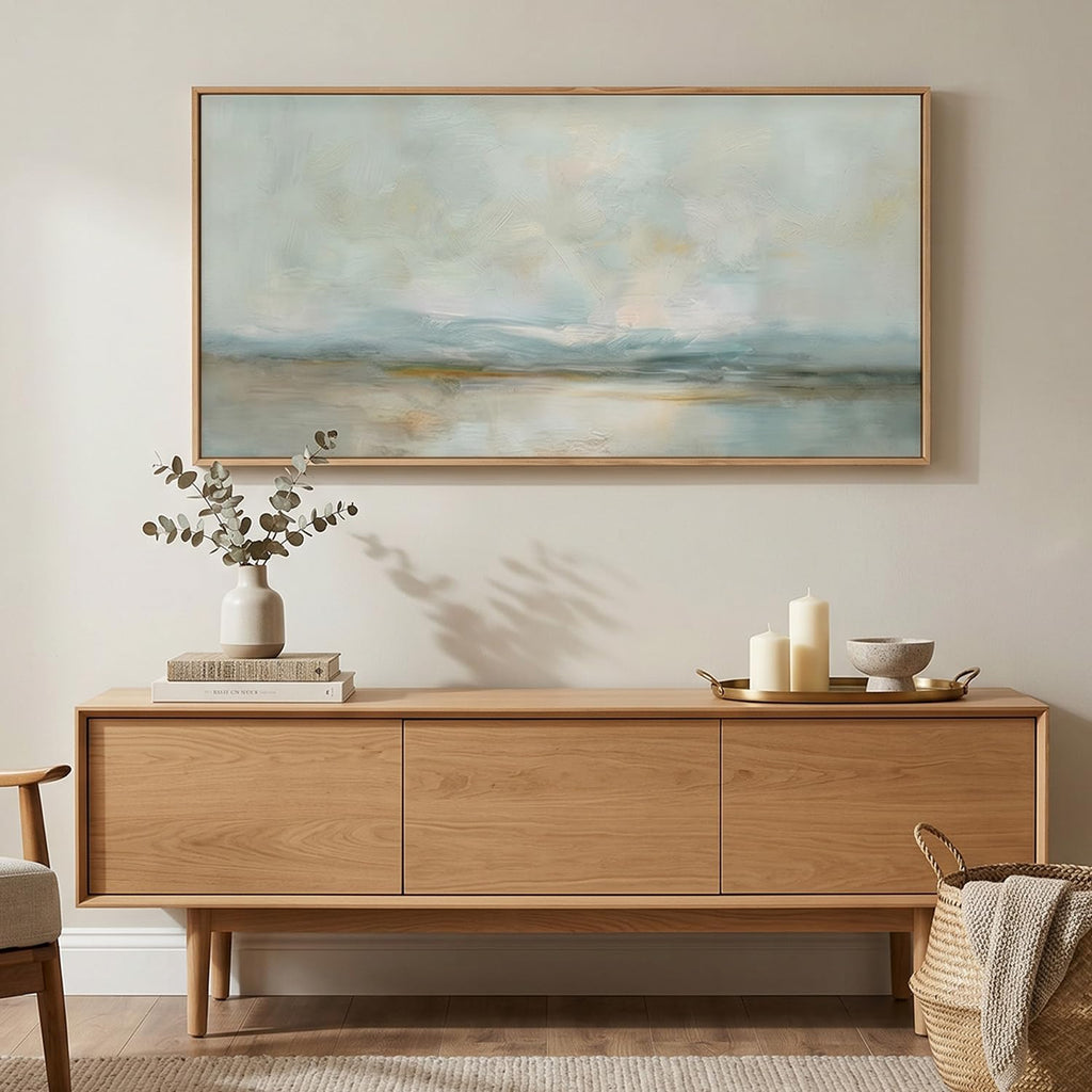 Sage Green Abstract Framed Canvas Wall Art, Watercolor Landscape Horizontal Wall Decor, Neutral Minimalist Lake