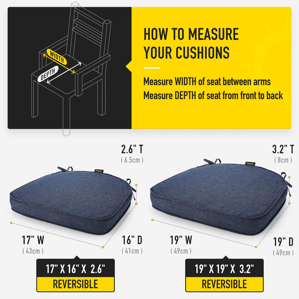 Gel Memory Foam Chair Cushions, FadeShield Water - Stain-Resistant Durable Reversible Seat Cushion Pads with Ties for