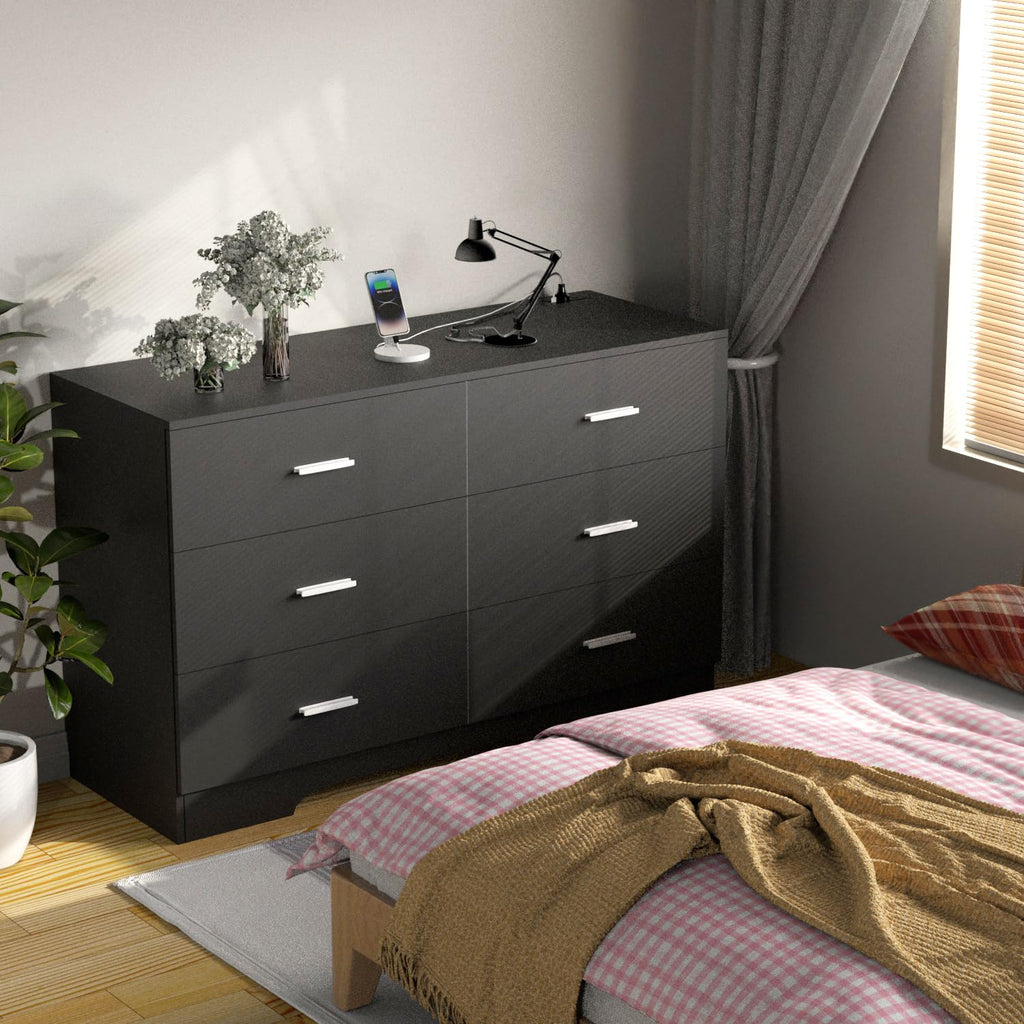 Dresser with Power Outlets Wooden 6 Drawer Dresser with USB and Type C Port Chest of Drawers Tall Black Organizer