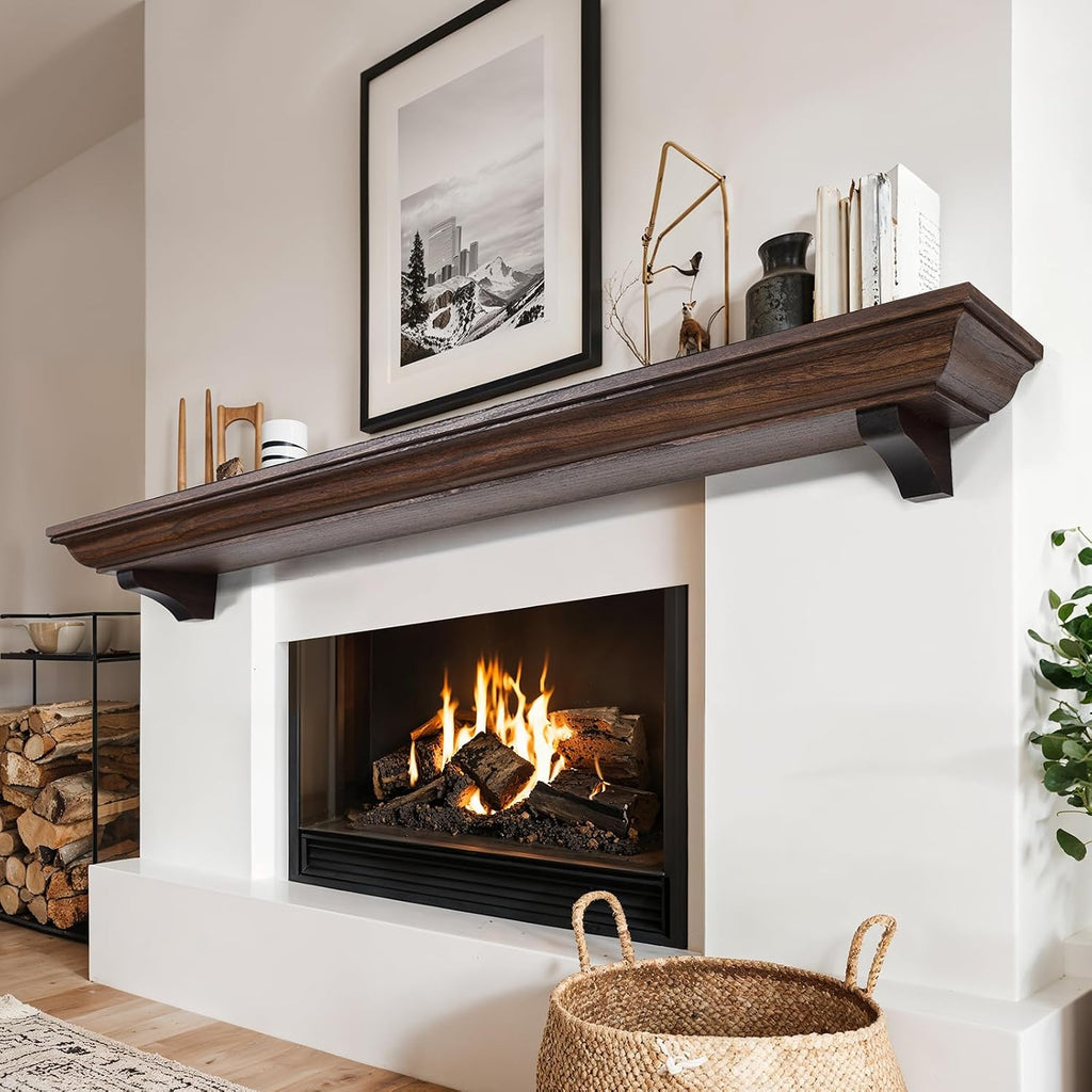 72 Inch Shelf with Corbels, Rustic Floating Shelf for Wall, Wooden Fireplace Mantle for TV Mounting & Living Room, Brown