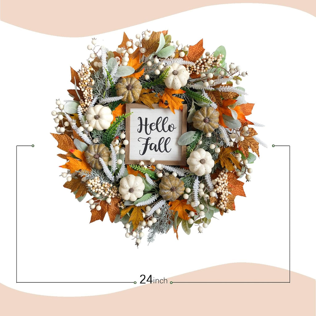 24 inch Thanksgiving Fall Wreath, Autumn Harvest Wreaths for Front Door