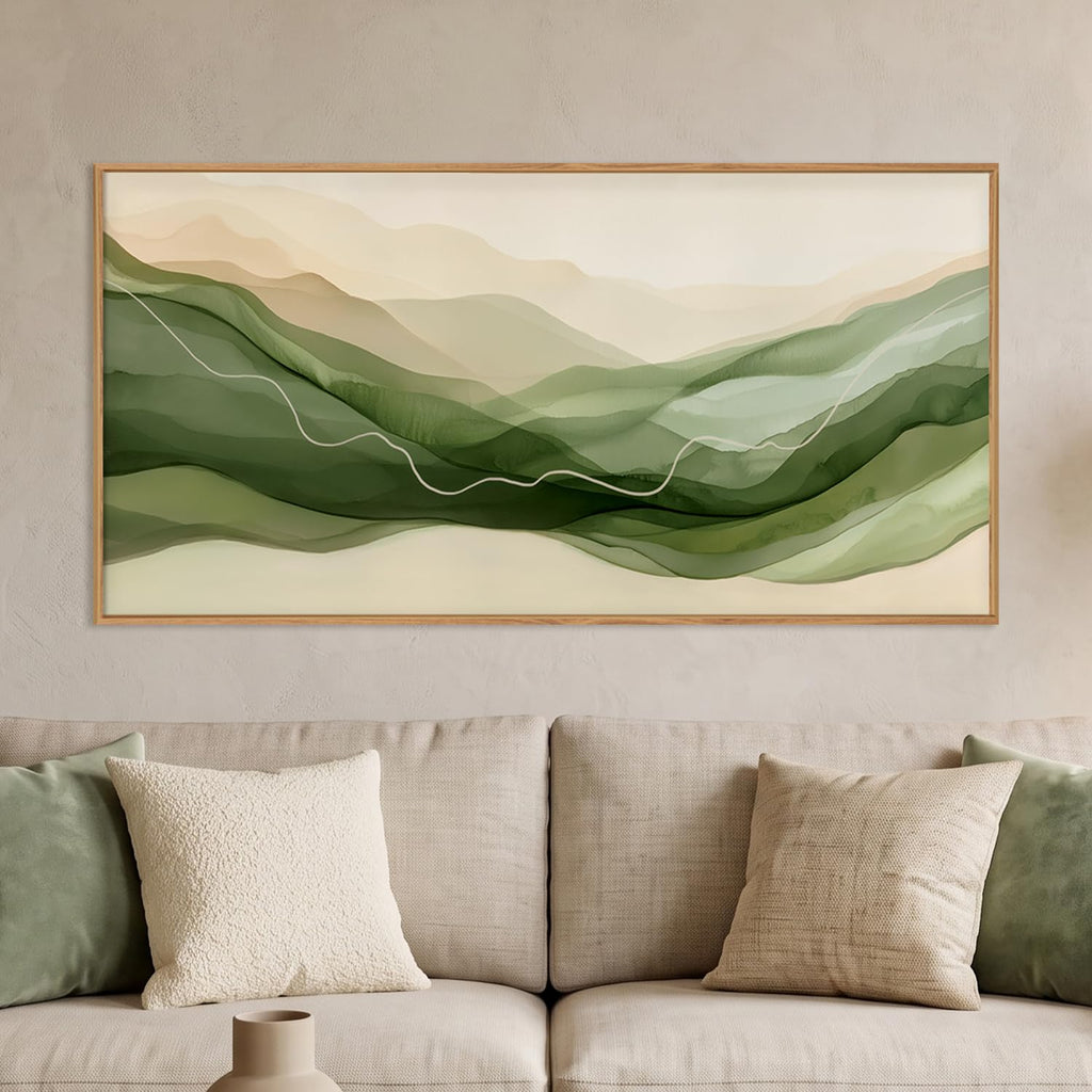 Large Abstract Minimalist Green Waves Framed Canvas Wall Art Set, Watercolor Sage Green Beige Smoke Wall Decor, Ink