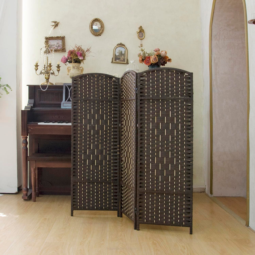 Compact 3 Panel Short Room Divider, 47.2 Inch Tall Double-Sided Rattan Folding Privacy Screen, Dark Brown