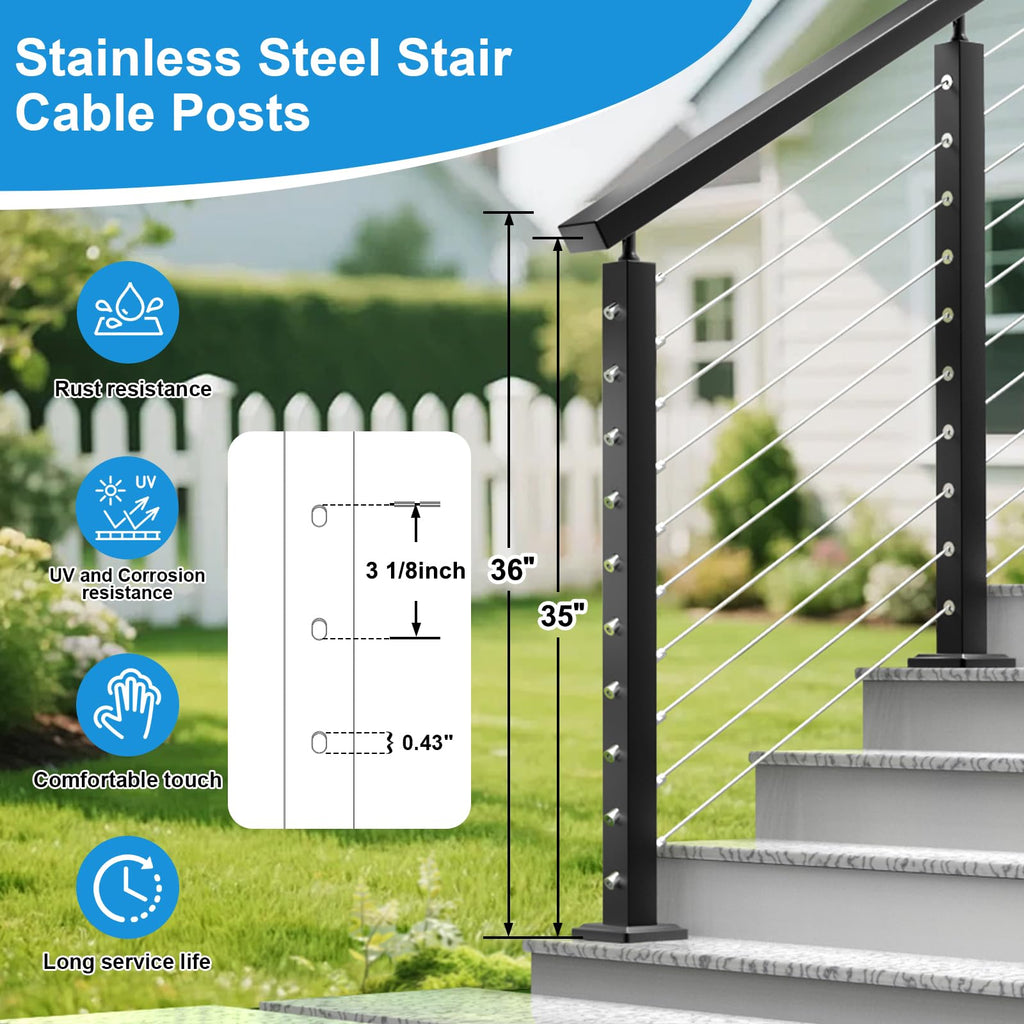 36" Stair Cable Railing Post for 25-35° Stairs, Surface Mount Adjustable Top Stair Post, Cable Railing Kits for Deck