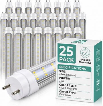 T8 4FT LED Type B Ballast Bypass Tube Light 2 Pin 24W 6500K (25 Pack)