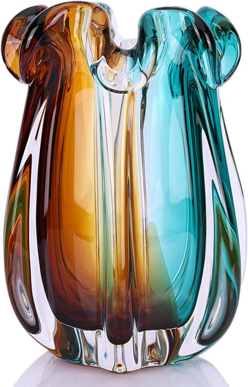 Hand Blown Glass Vase, Murano-Style Colorful Art Glass Centerpiece, Heavy Large Wide Mouth Ruffle Rim, Teal Turquoise