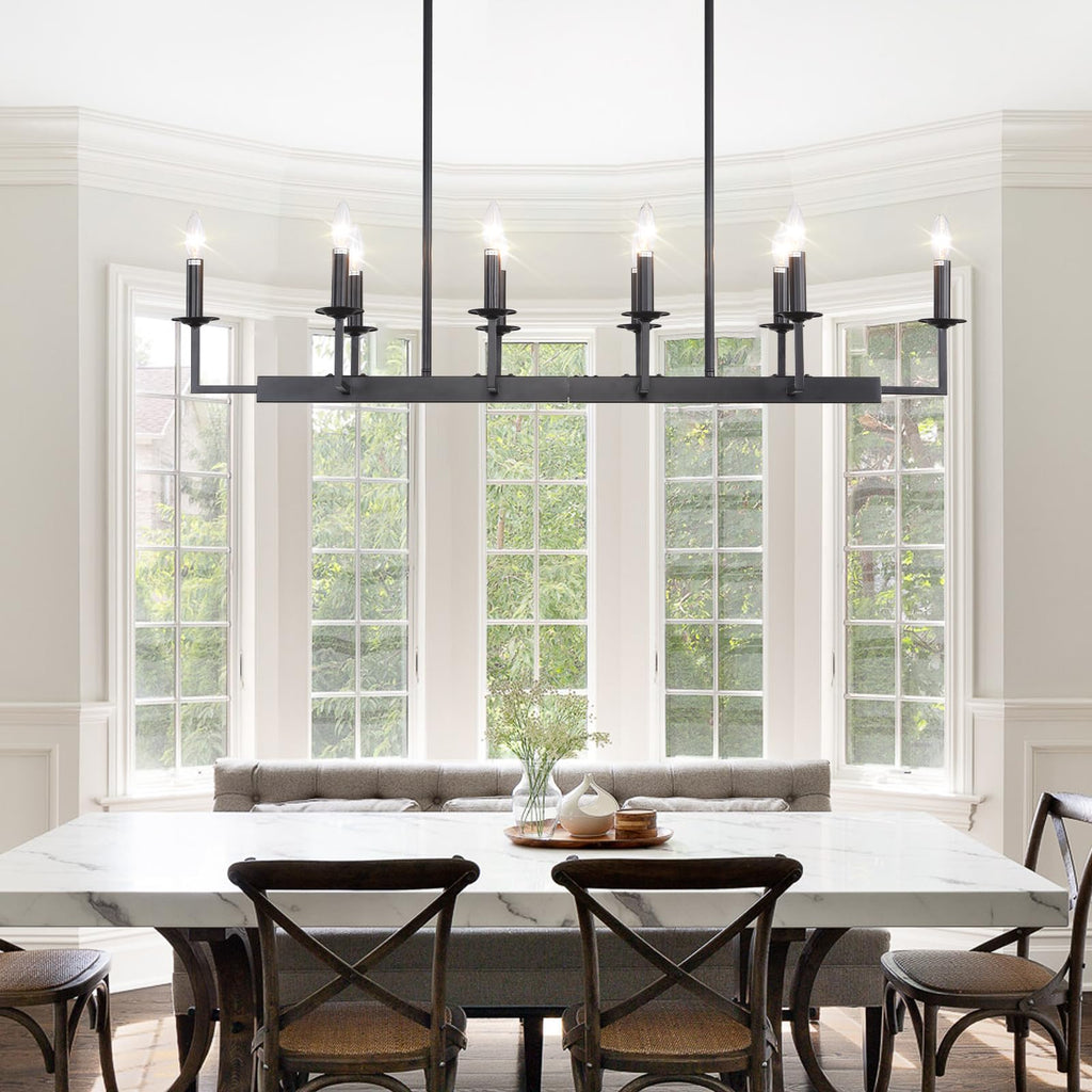 Rustic Black Linear Chandelier,Extra Long Candle Chandelier,Black Light Fixture Living Room Kitchen Island