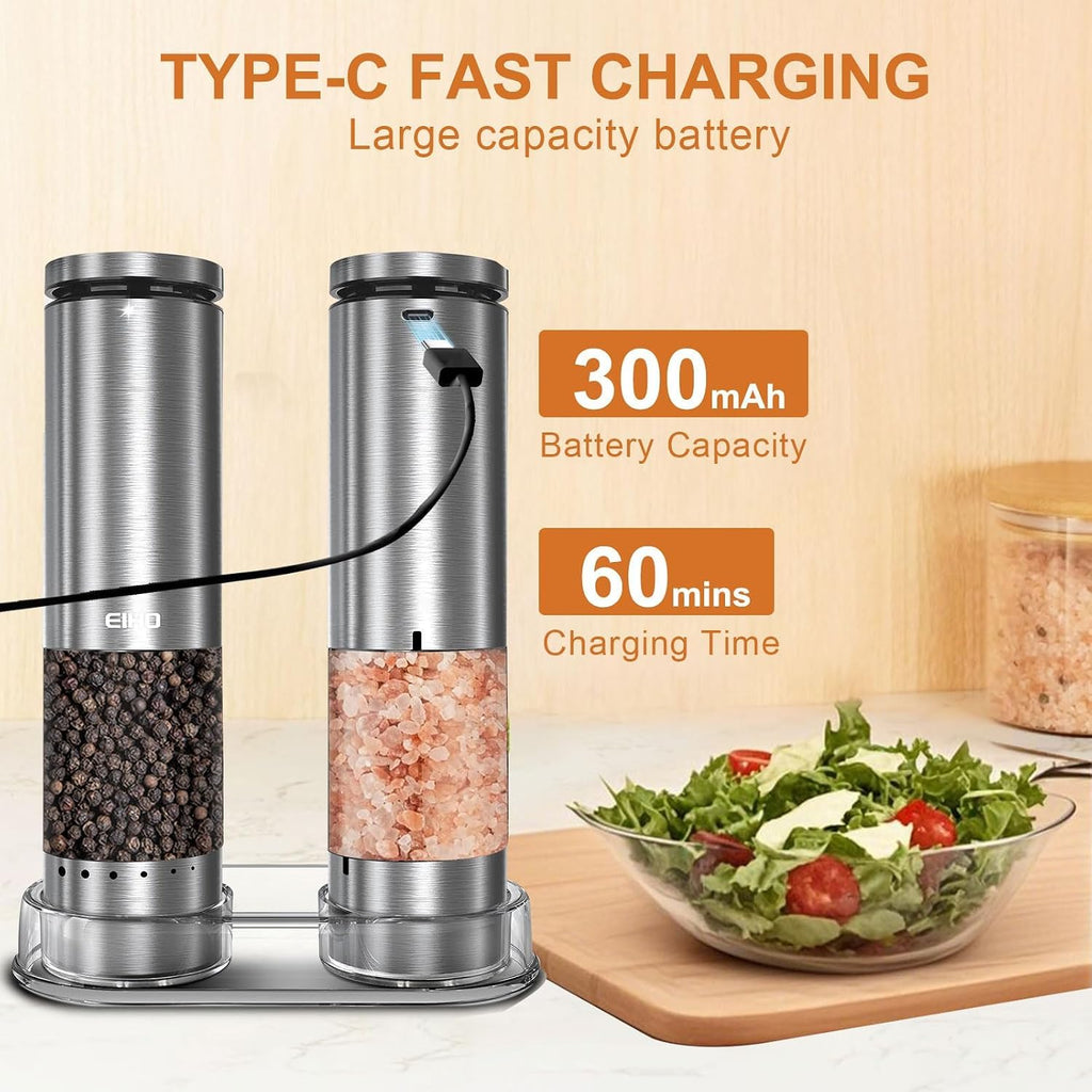 Electric Salt and Pepper Grinder Set Rechargeable, Automatic Salt and Pepper Shakers Mills External Adjustable - Set of 2