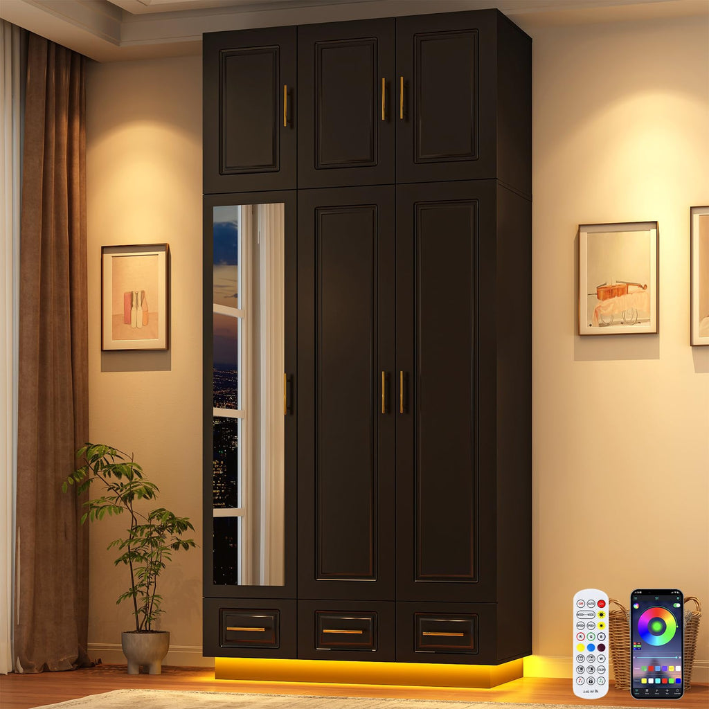 Large Armoire Wardrobe Closet Cabinet with Drawers and LED Lights, Multi-Tier Shelves, Hanging Rod, Large Capacity