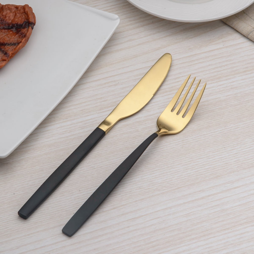20 Piece Titanium Black And Golden Plated Stainless Steel Flatware Set, Handle With Mouth Silverware Set And Cutlery