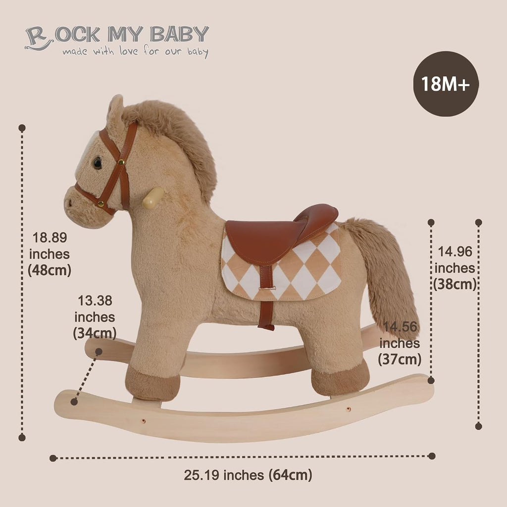 My Baby Rocking Horse for Toddlers 18M+, Light Brown Plush Ride-On Horse Toy with Realistic Galloping Sounds