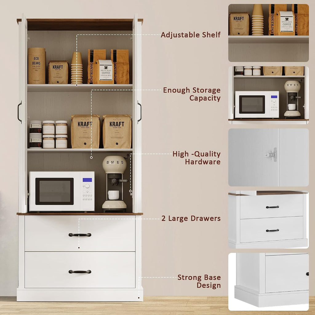 Kitchen Pantry Cabinet, Farmhouse Storage Cabinet with Barn Doors, Drawers and Adjustable Shelves, Versatile Storage