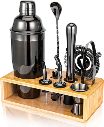 Black Cocktail Shaker Set, Premium 18/8 Stainless Steel Mixology Bartender Kit with Stylish Bamboo Stand 10-Piece Bar